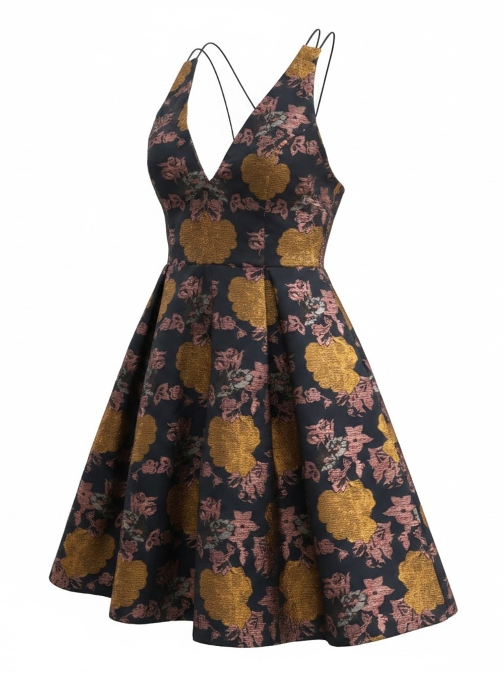 Charlotte Russe Black Floral Fit-and-Flare Dress with Gold and Pink Jacquard